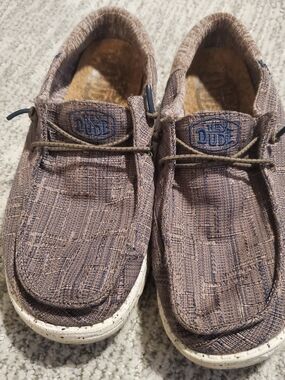 Hey Dude Brown Textured Canvas Slip-Ons with Navy Logo